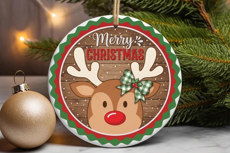 Merry Christmas Reindeer Green Bow Ornament example image 1
