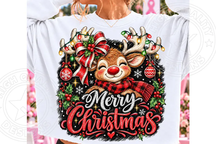Merry Christmas Reindeer PNG | Cute Christmas Lights & Plaid