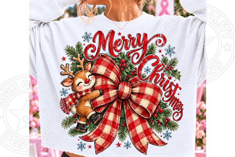 Merry Christmas Reindeer PNG | Buffalo Plaid Bow Sublimation example image 1