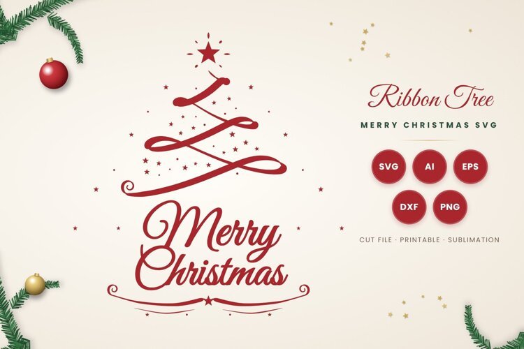 Merry Christmas Ribbon Tree SVG example image 1