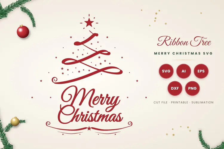 Merry Christmas Ribbon Tree SVG