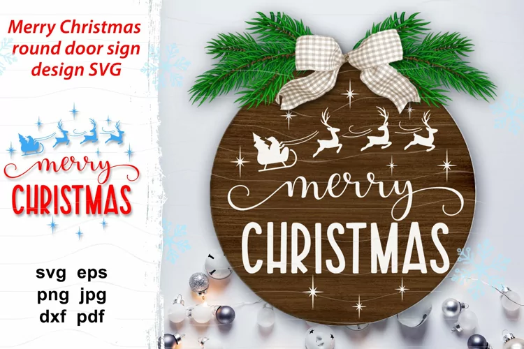 Merry Christmas round sign svg door hanger with Santa sleigh