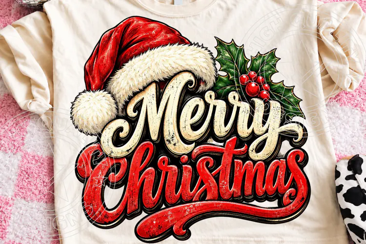 Merry Christmas Santa Hat Vintage Distressed Holiday Typogra