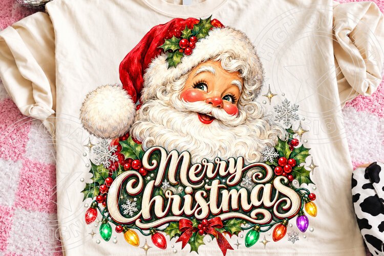 Merry Christmas Santa Vintage Christmas Lights & Holly PNG example image 1