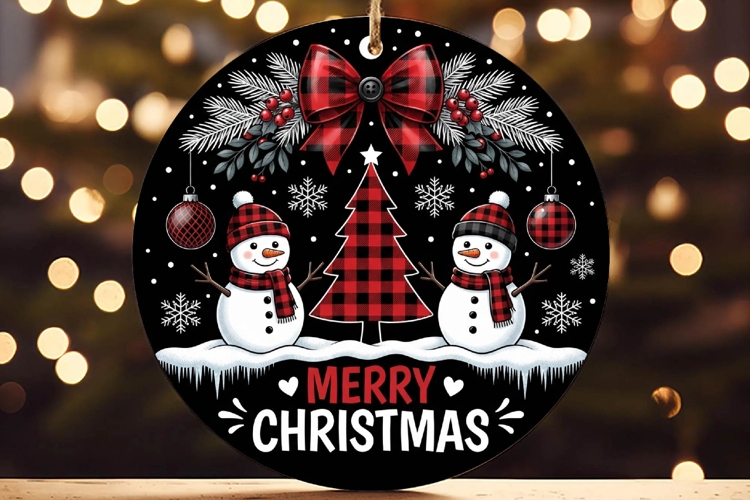 Merry Christmas Snowman Duo Plaid Ornament example image 1