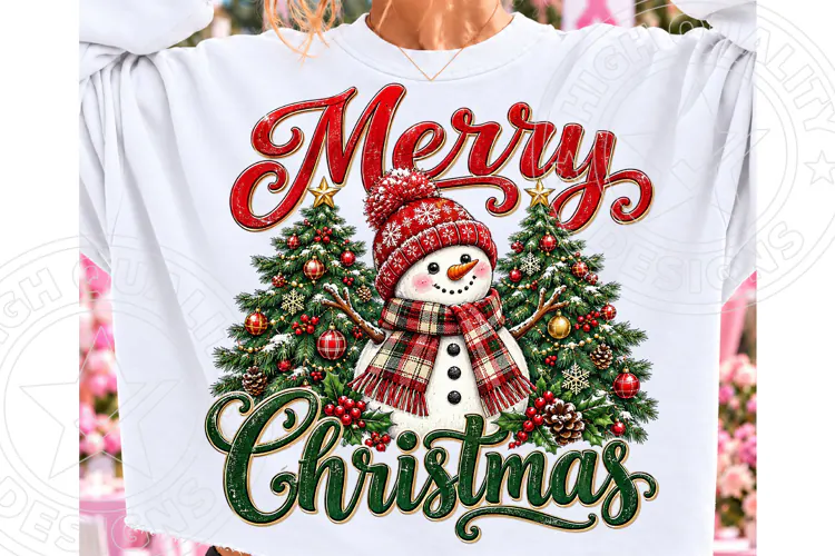 Merry Christmas Snowman PNG Design, Red Knit Hat and Buffalo