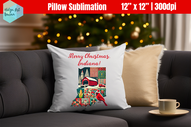 Christmas State Patchwork Sublimation, Pillow Indiana