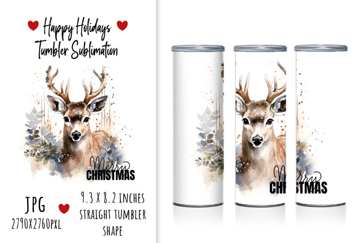 lettering, quotes, Christmas, holly jolly, happy holidays, merry and bright, deer, winter, quotes, sublimation, tumbler design, tumbler sublimation, watercolor, illustration, animal, artistic
