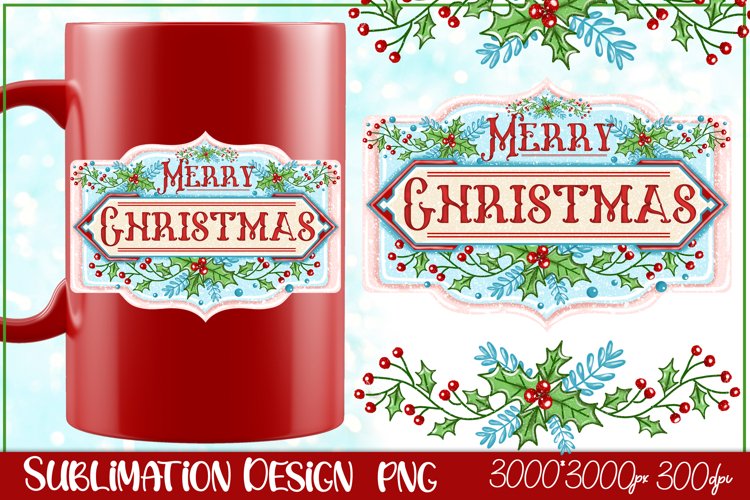 Merry Christmas Floral Sublimation. Vintage Christmas Signs example image 1