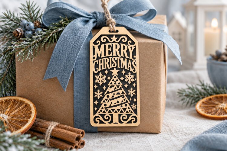 Merry Christmas Tag SVG, Laser Cut Geometric Tree Tag example image 1