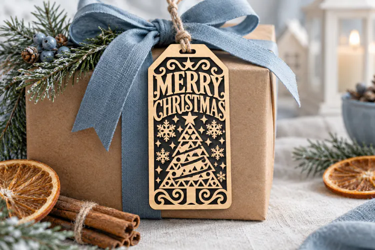 Merry Christmas Tag SVG, Laser Cut Geometric Tree Tag