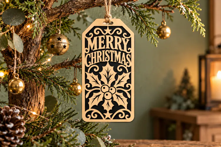 Merry Christmas Tag SVG, Laser Cut Holly Berry Tag