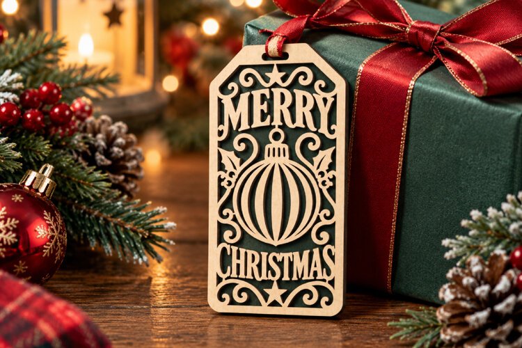 Merry Christmas Tag SVG, Laser Cut Ornament Gift Tag example image 1