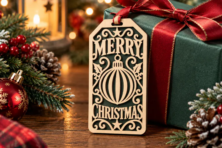 Merry Christmas Tag SVG, Laser Cut Ornament Gift Tag