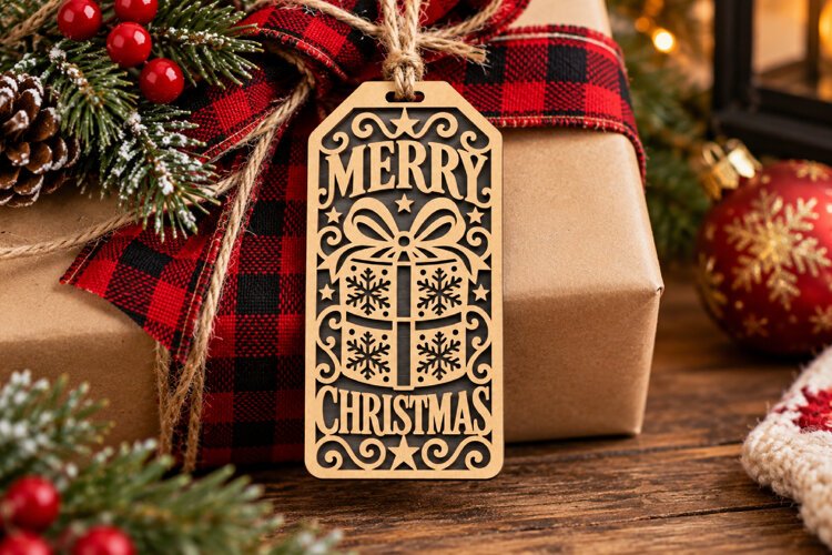 Merry Christmas Tag SVG, Laser Cut Present Gift Tag example image 1