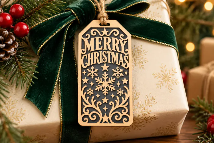 Merry Christmas Tag SVG, Laser Cut Snowflake Gift Tag