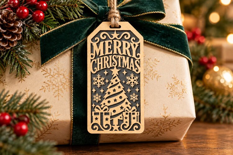Merry Christmas Tag SVG, Laser Cut Snowflake Tree Gifts example image 1