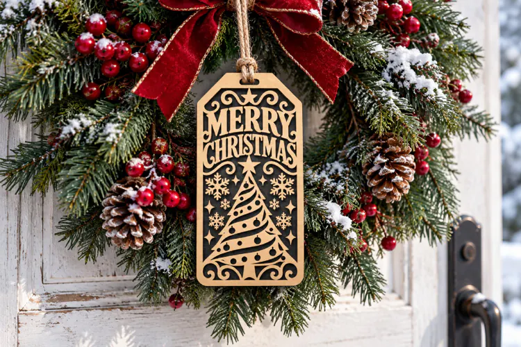 Merry Christmas Tag SVG, Laser Cut Swirl Tree Gift Tag