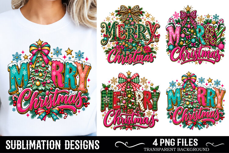 Merry Christmas Text Festive Christmas Tree Bow Holiday Png example image 1