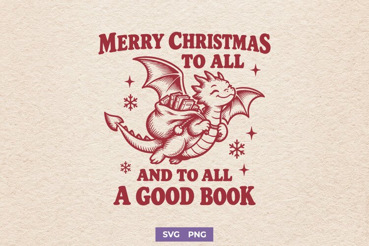 Merry Christmas Dragon Book Lover SVG, Fantasy Holiday PNG example image 1
