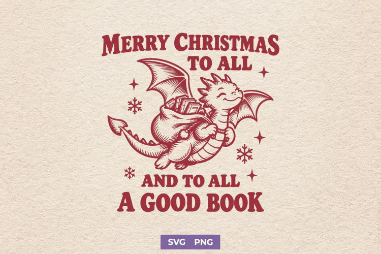 Merry Christmas Dragon Book Lover SVG, Fantasy Holiday PNG