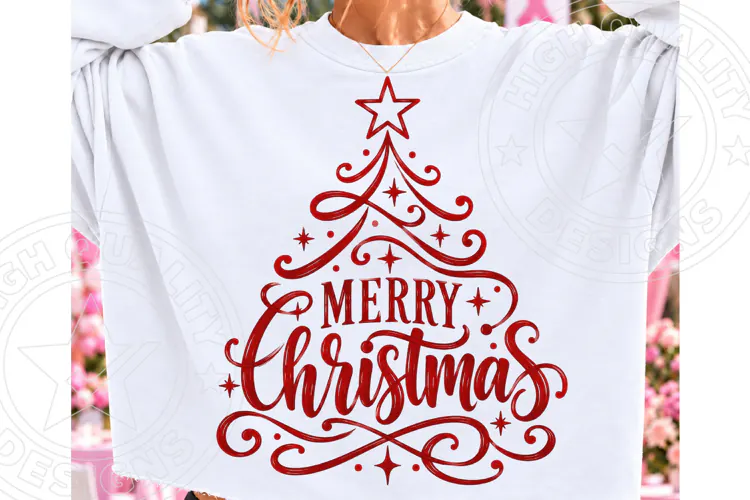 Merry Christmas Tree PNG, Red Christmas Typography Sublimati