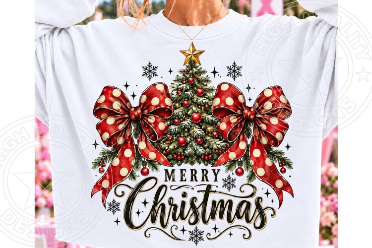 Merry Christmas Vintage Christmas Tree with Red Polka Dot Bo example image 1
