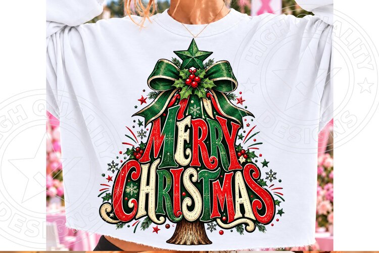 Merry Christmas Tree with Bow Vintage Holiday Sublimation PN example image 1