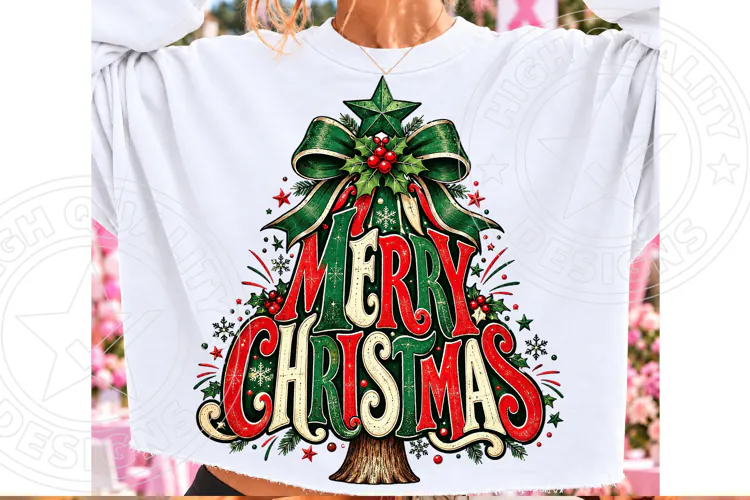 Merry Christmas Tree with Bow Vintage Holiday Sublimation PN