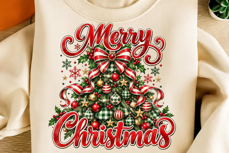Merry Christmas Plaid Christmas Tree PNG | Red Striped Bow