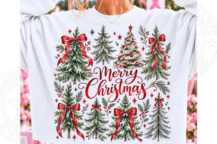 Merry Christmas Trees Vintage Evergreen & Red Bow Holiday PN example image 1