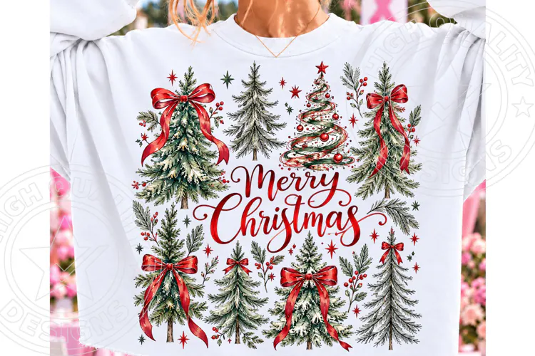 Merry Christmas Trees Vintage Evergreen & Red Bow Holiday PN