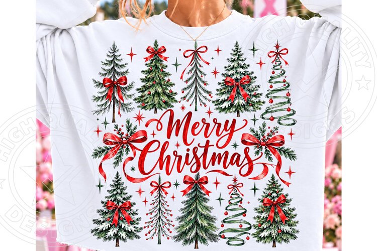 Merry Christmas Trees PNG | Red Bow Vintage Christmas Sublim example image 1
