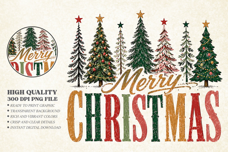 Merry Christmas Trees PNG - Holiday Sublimation Art