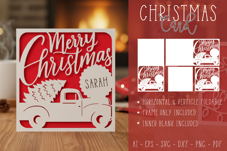 Merry Christmas Truck with Tree Paper Cut Card Template