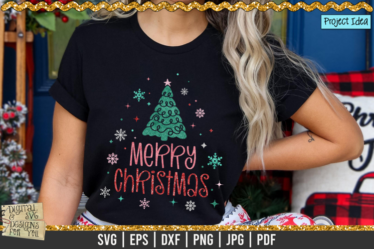Merry Christmas PNG SVG, Glitter Tree and Snowflakes
