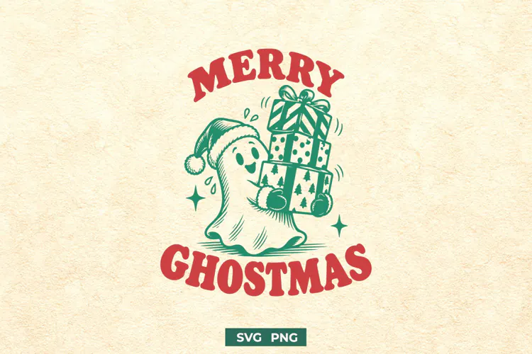 Merry Ghostmas SVG, Cute Ghost Christmas PNG Trendy Design