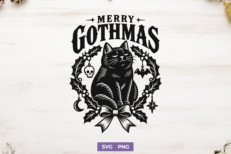 Merry Gothmas SVG PNG, Black Cat Spooky Christmas Design example image 1