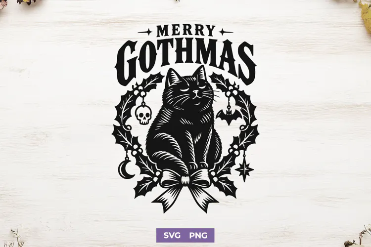 Merry Gothmas SVG PNG, Black Cat Spooky Christmas Design
