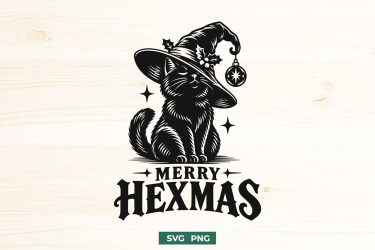 Merry Hexmas SVG, Witchy Christmas Cat PNG, Witch Cat Design example image 1