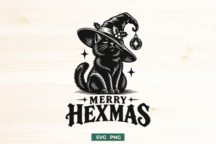 Merry Hexmas SVG, Witchy Christmas Cat PNG, Witch Cat Design
