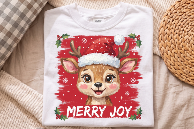 Merry Joy Christmas PNG, Retro Cute Reindeer Santa Hat Shirt