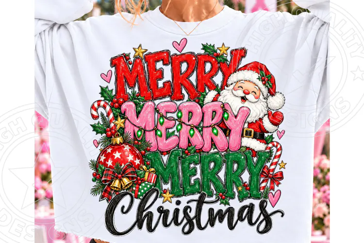 Merry Merry Merry Christmas PNG Design, Cute Santa Claus and