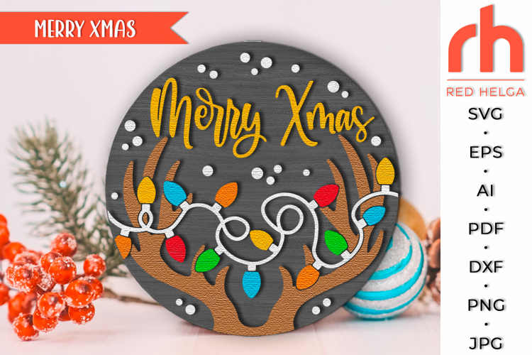 Merry Xmas SVG, Christmas Door Sign Cut File, Deer Antlers