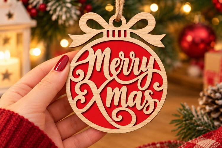 Merry Xmas Bauble Laser Cut Wood File, Christmas Ornament example image 1