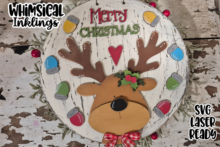 Merry Christmas Lights Reindeer Sign Laser SVG