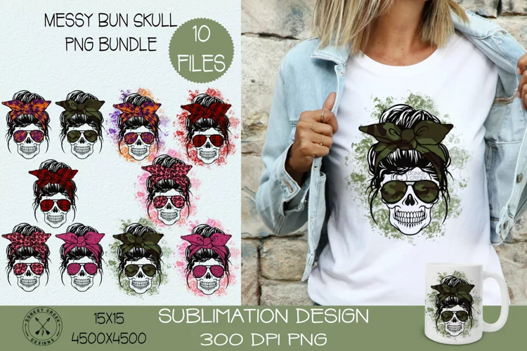 Messy Bun Mom Skull| Sublimation PNG Design Bundle