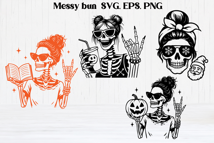 Messy bun skeleton SVG design | Skull mom life SVG