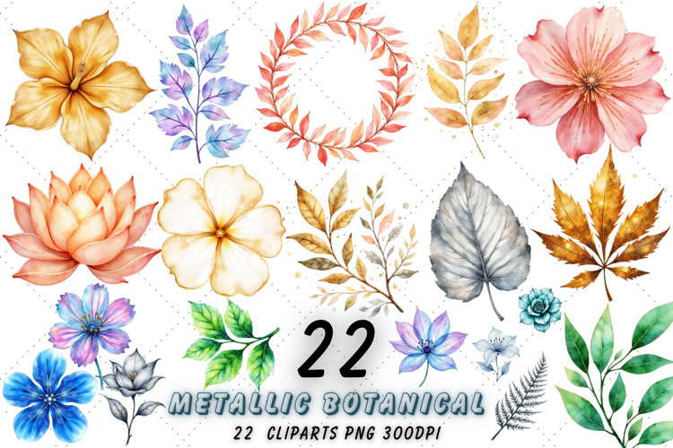 Metallic Botanical Silhouette Watercolor Clipart, Rose Gold