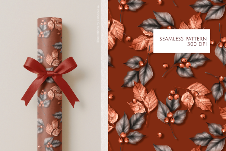 Metallic Copper Leaves Seamless Pattern